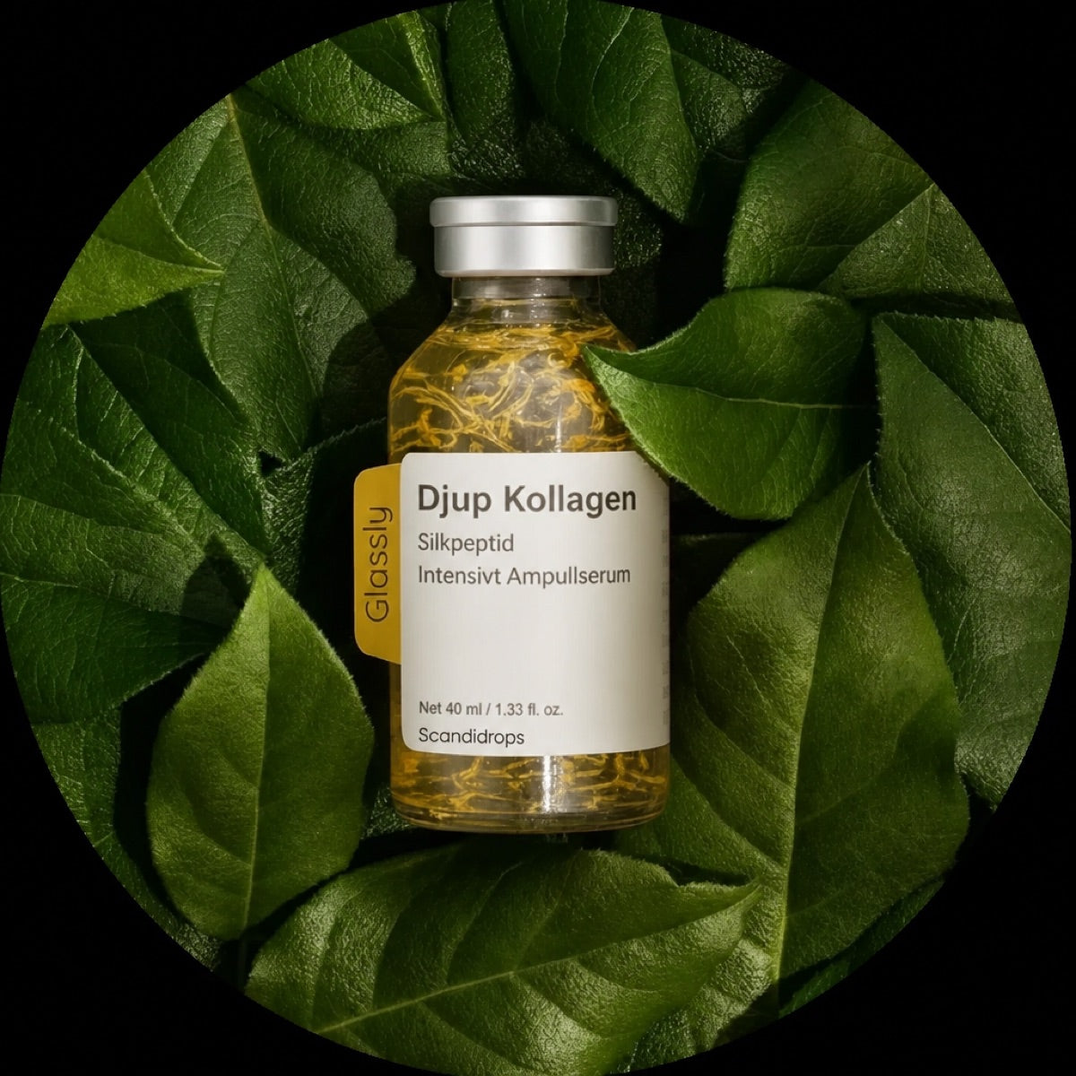 Scandidrops kollagenampull på gröna blad