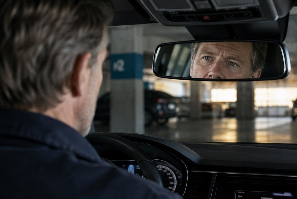 Man i 50-årsåldern ser på sin spegelbild i bilens backspegel